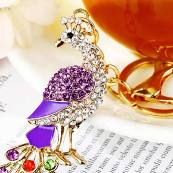 BRAND NEW! Rhinestone Peacock Keychain Purse 👜🎒 Jewel Charm ~ Gift Exotic 🦚 - Picture 2 of 7